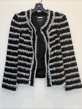St. John Collection Black and White Fringed Stripe Tweed Jacket